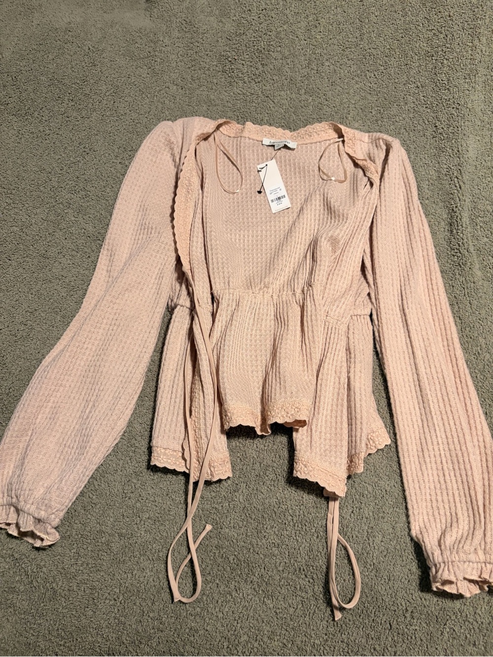 Women’s Pink Long-Sleeve Peplum Tie-Front Top
